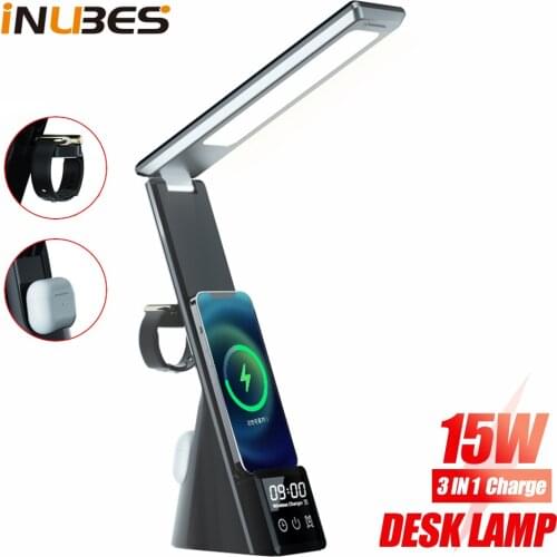 LED Table Lamp 15W Wireless Charger for iPhone Apple Watch Airpods Fast Charging Station Multi-function Clock Charge Dock Stand
