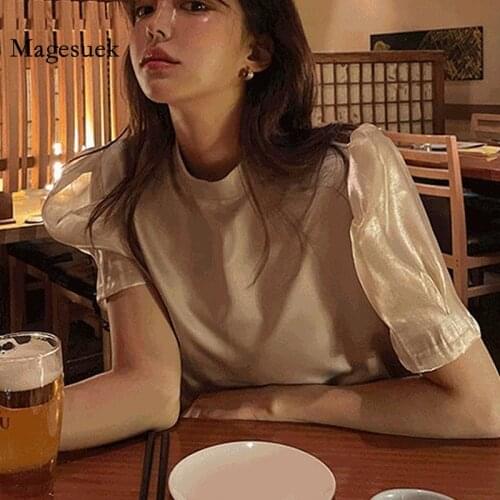 Women New Elegant Lantern Sleeve Loose Tops Vintage Summer Short Sleeve Blouse Simple Retro Round Neck Apricot Black Shirt 13250