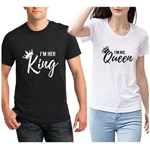 Black White Crown Tshirt Matching O Neck New Letter Tee I'M HER King and I'M HIS Queen Top Couple Lovers Short Sleeve T-shirt