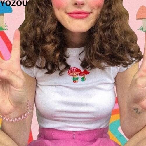 Women 90s Punk Vintage Streetwear E-Girl O-Neck Red Mushroom Embroidery Summer Short Sleeve Crop Top Tee Tshirt For Female