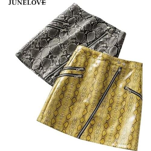 JuneLove Women Retro Sexy High Waist Mini Skirts Vintage Snake Print Female Skirts Casual Lady Zipper PU Leather Skirts Bottoms