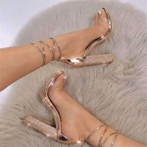 2018 Ankle Strap Women Heeled Sandals Bandage Rhinestone Ankle Strap Pumps Super High Heels 10.5 CM Square Heels Lady Shoes