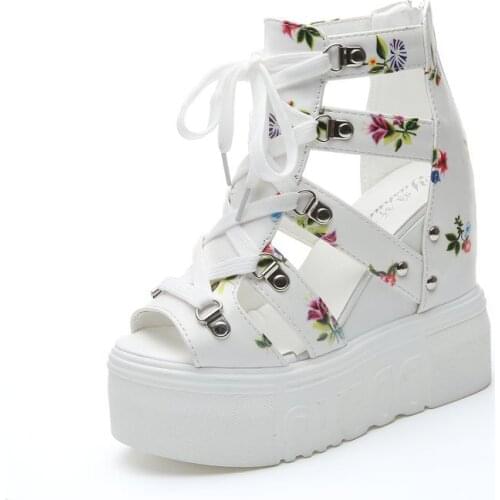 2021 Women Sandals High Heel Casual Ethnic Flower Floral Open Toe wedges Platform Height Increasing Chunky Ladies Shoes