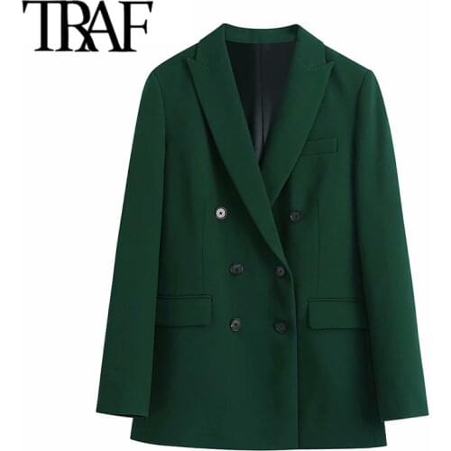 TRAF Women Fashion Double Breasted Office Wear Blazer Coat Vintage Long Sleeve Welt Pockets Female Outerwear Chic Veste