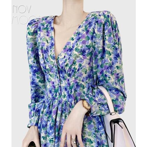 Women summer holiday dress calf length tiny floral print chiffon fabric sweet sexy french style LT3526
