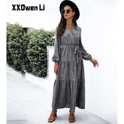Women Fashion Floral Printing Lace Up Long Dress 2021 Autumn V-Neck Lantern Sleeves Casual Loose Women Maxi Dress Party Dresses