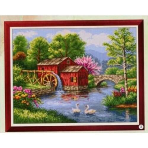 Gold Collection Lovely Counted Cross Stitch Kit Waterwheel Watercart Water Wagon Cabin Chalet Hut and Swan