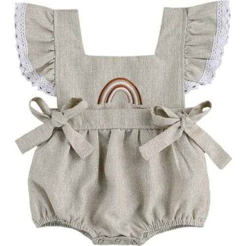 2021 Casual Rainbow Embroidery Newborn Kid Baby Girl Clothes Summer Sleeveless Romper Ruffle Gray Jumpsuit 1PC Sunsuit Outfit