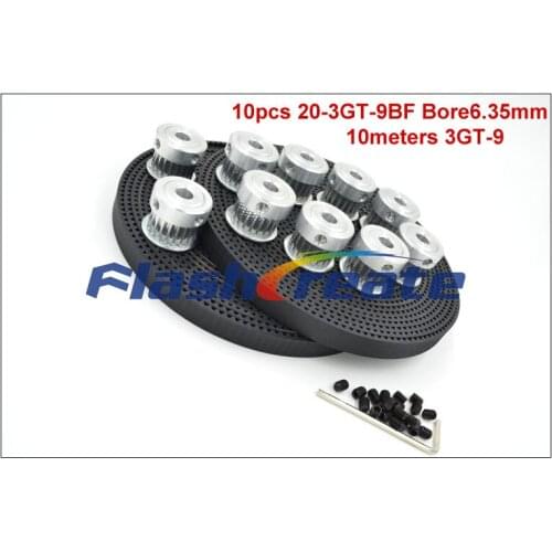 10pcs 20 Teeth 3GT Synchronous Pulley Bore5/6.35/8mm + 10meters 3GT Rubber Timing Belt W=9mm GT3 Timing Belt Pulley 20Teeth 20T