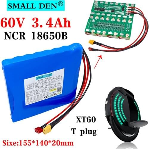 60V 3.4Ah 16S1P 18650 li-ion battery pack 204WH 3400mAh Rechargeable battery with BMS for self balance scooter electric unicycle