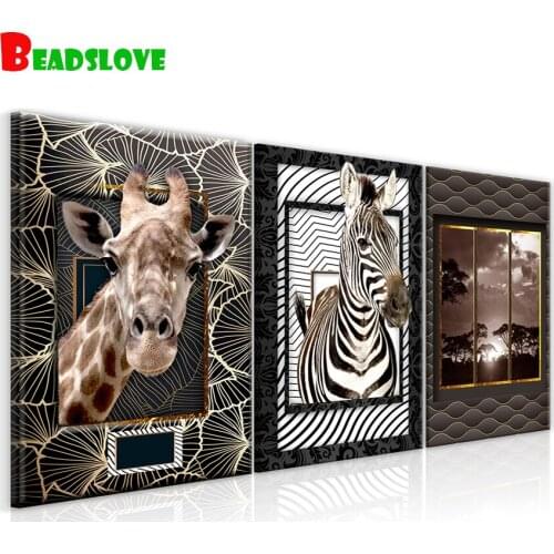 3 PCS Full Square round 5D DIY Diamond Painting African animal zebra giraffe Cross Stitch Rhinestone Mosaic Painting Home Decor