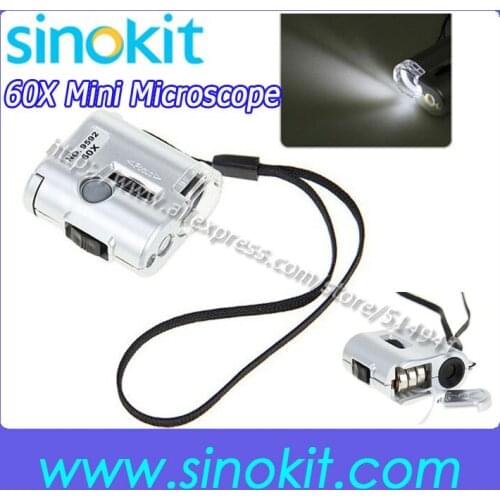 Free Shipping 60X lens Magnifier Glass with Mini LED with 1UV lighted Microscope 9592