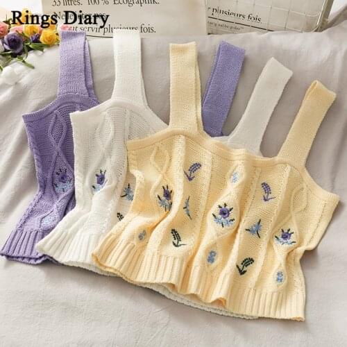 Rings Diary Women Knitted Crop Tops Ladies Floral Embroidery Cropped Vest Summer Vintage Tank Crop Camis Women Purple Top Summer