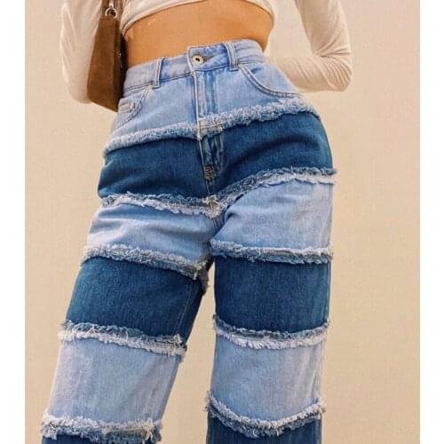 Brown Patchwork Denim Pants Women Fashion Color Block High Waist Straight Leg Jeans Female Vintage Loose Tassel Wide Leg Jeans