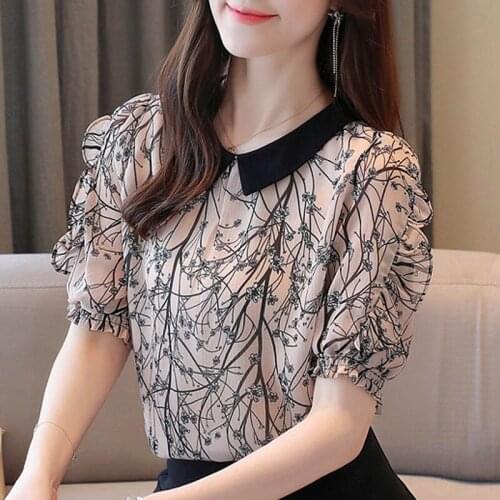 Summer Print Chiffon Blouse Shirt Women Tops Blusas Mujer De Moda 2021 Blouse Women Short Sleeve Women Shirts Camisas Mujer D188