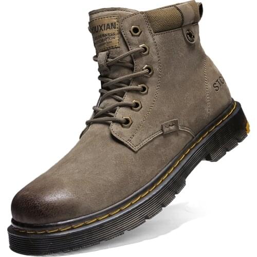 Fashion high-end leather mens Martin boots, casual non-slip work boots, high-top motorcycle boots, lace-up brown handmade boots