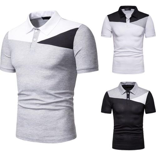 Mens Polo Shirt Short Sleeve Turn Down Collar Color Matching Pullover T-Shirt EU/USA Size Loose Type Patchwork Tops