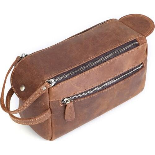 Crazy Horse Genuine Leather Men Wash Bag Casual Travel Cosmetic Case Vintage Cow Leather Makeup Bag Handbag Toiletry Bag