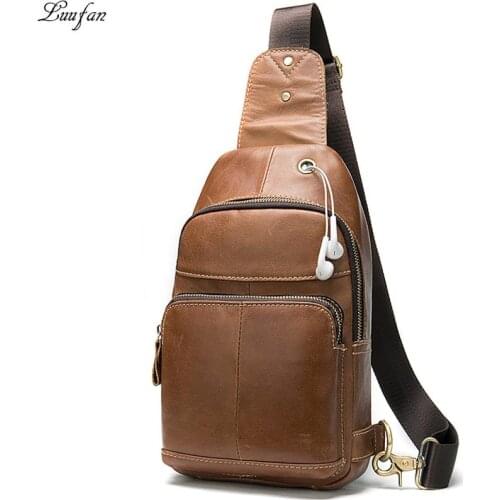 Genuine Leather Chest Bags For Man Single Shoulder Sling Bag Usb Charging Vintage crazy horse leather Chest Pack Riding Men Bag