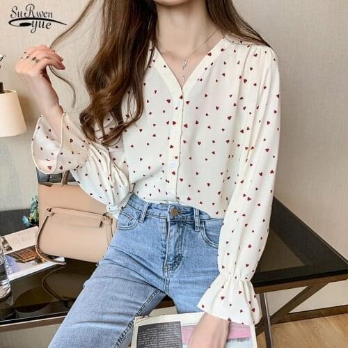2020 Autumn New Elegant Printed Trumpet Sleeves Floral Tops V-neck Long Sleeve Chiffon Blouse Women Loose Chemisier Femme 10683