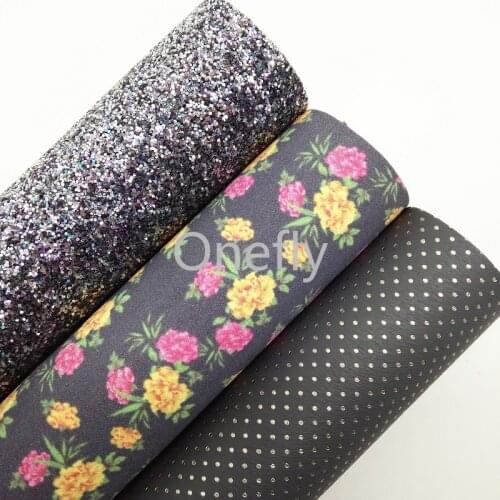 Onefly 21X29CM Grey Glitter Leather, Flowers printed Faux Leather, Dots Fabric Sheets For Bow DIY handbags shoes DQ040