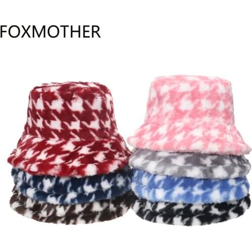 FOXMOTHER New Fashion Outdoor Vacation Lady Panama Thickened Soft Warm Fishing Cap Faux Fur Houndstooth Bucket Hat Women Winter