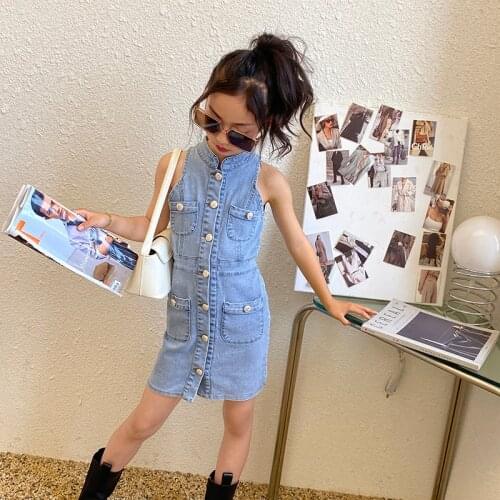 Baby Girls Denim Dress 2021 Summer New Big Boy Port Style Metal Buckle Hanging Neck Slim All-match Dress Korean Baby Clothes