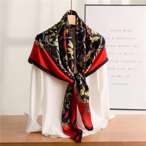 Red floral print scarf large square satin silk scarf vintage flower cape shawl summer designer scarf women luxury 2020 wraps za