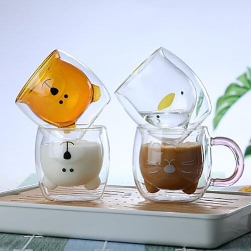 Glass Mugs Cute Cartoon Bear Cat Dog Animal Double-layer Glass Milk Mug Prevent Scald Creative Lovely Coffee Cup Gift