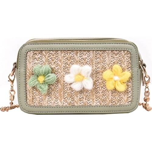 Crossbody Bag For Girl Fashion Straw+Leather Handbag Women Summer Rattan Bag Handmade Woven Beach Flower Shoulder Messenger Bag