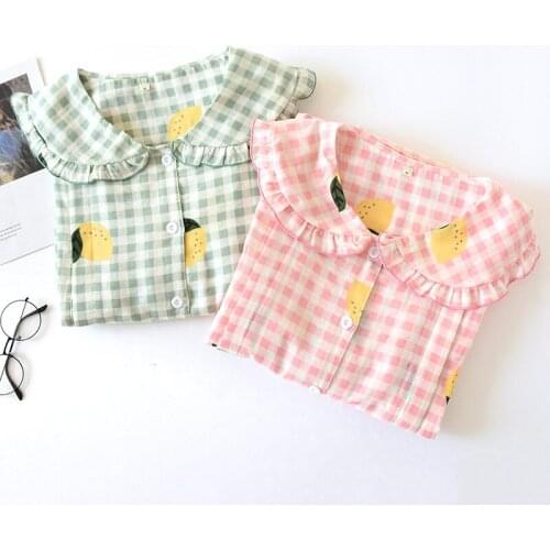 Top + Pants Lemon Print Summer Ladies Pajamas Plaid Confinement Cotton Clothes Pregnant Women Mom Home Service Loose Clothes