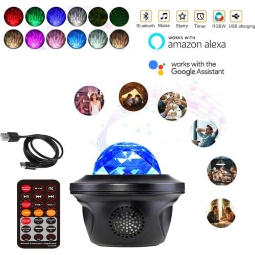 USB LED Star Sky Night Light Music Bluetooth Projector Lamp Galaxy Starry Ocean Wave Projecting Lampare Work with Google Alexa