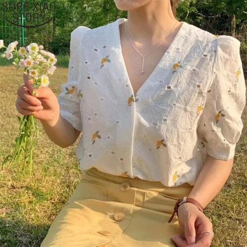 Sweet Chic Floral Embroidery Blouse V-neck Women Bloues Summer 2021 Korean Puff Short Sleeve Shirt Hollow Out Loose Tops 15171