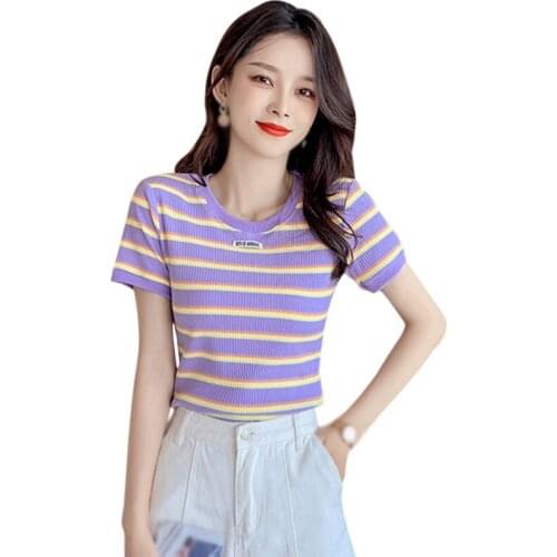 Womens O Neck Rainbow Striped Tee Shirt Casual Slim Knitted Short Sleeve T-Shirt Tops