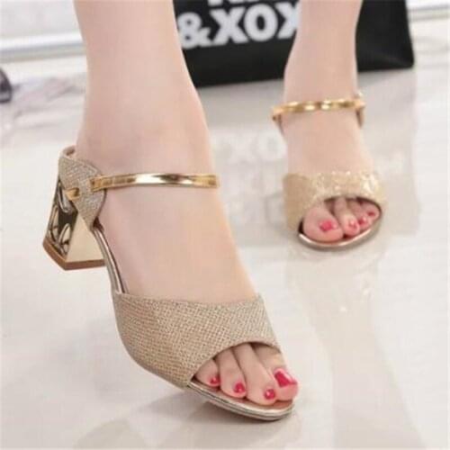 Women sandals PU Slip On 5.5CM Square heel High heels Peep Toe Shallow women shoes sandalias mujer 2020 size 35-42 Silver Silver