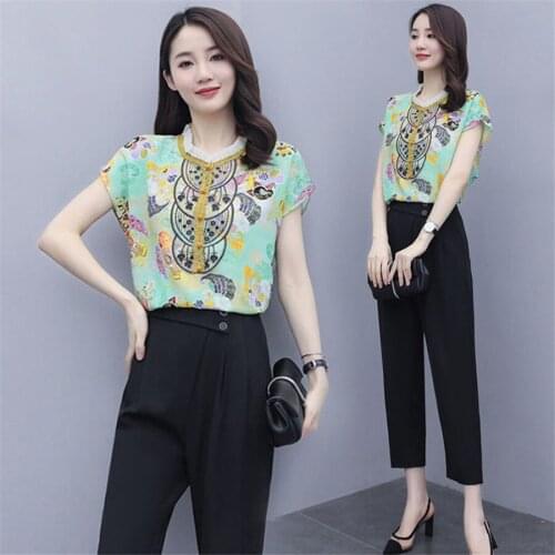 Office Lady Suit Two Piece Set Women Outfits 2 Piece Flower Print Top Pencil Pants Matching Set Plus Size 2021 Tracksuit