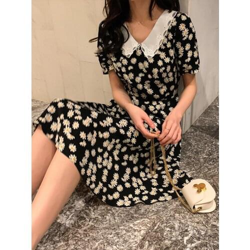 Large size cui flower small Daisy dress female summer French retro waist slim temperament first love dress platycodon grandiflor