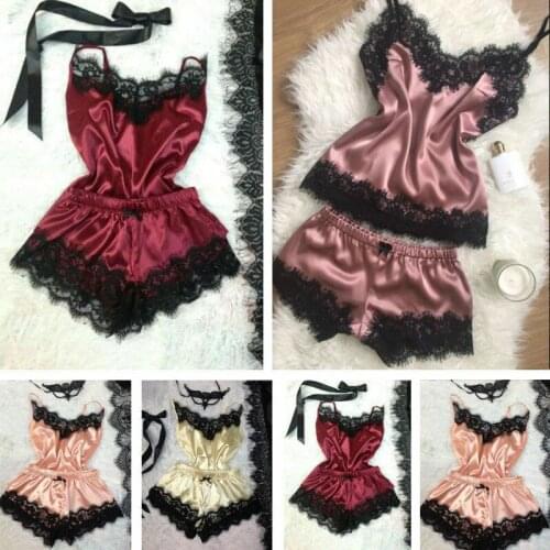 Women Sexy Lace Lingerie Bra Tops Underwear Set Summer 2019 Cut-Out Bow Sleepwear Female Pajamas Set mujer nightie home clothes