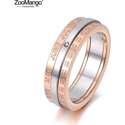 ZooMango Trendy Rotatable Ring Rose Gold Color Monthly Calendar Jewelry With Single Cystal Stainless Steel Ring ZR18133