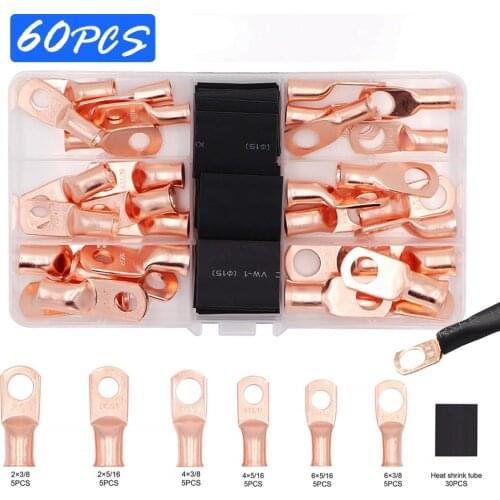 60PCS Copper Ring Terminal Wire Crimp Connector Bare Cable Battery Terminals Soldered Connectors Tubing Kit Car Accessories