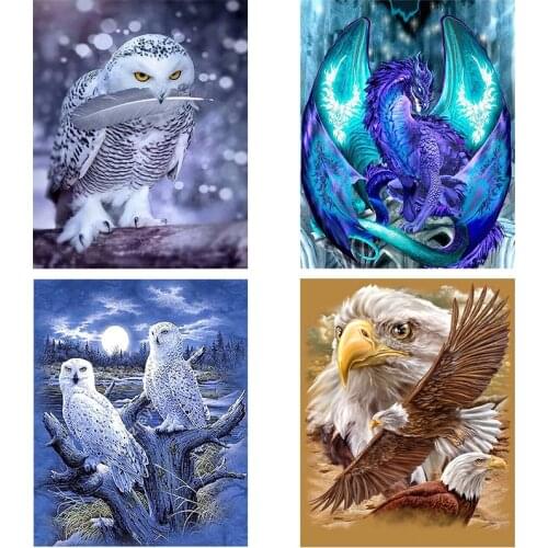 4Pieces/lot DIY 5D Diamond Painting Owl&dragon Cross Stitch Animal Diamond Embroidery Full Round Drill Home Decor