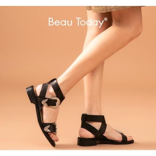 BeauToday Gladiator Sandals Women Sheepskin Genuine Leather Ankle Buckle Strap Rome Summer Ladies Low Heel Shoes Handmade 32217