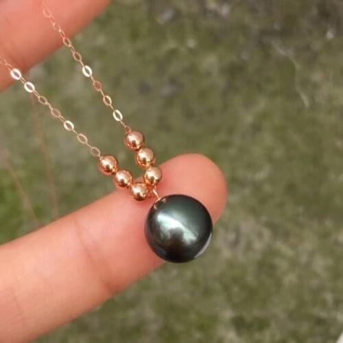 D814 Pearl Necklace Fine Jewelry Solid 18K Gold 10-11mm Ocean Sea Tahiti Black Pearls Pendants Necklaces for Women Presents
