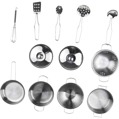 Kids Kitchen Cookware Playset C (12pcs, Stainless Steel) for Children Pretend Play Chef Cooking