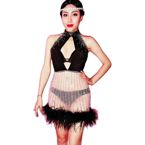 Women Halter Sleeveless Short Dress Black Feather Dress Nightclub DJ Singer Dancer Stage Costumes Birthday Party Club Wear