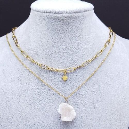 2pcs White Crystal Stainless Steel Charm Necklace Gold Color Star Layered Necklaces Jewelry chaine acier inoxydable NZ31S04