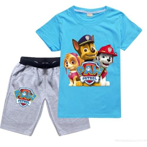 PAW PATROL Summer Costumes Boy Short Sleeve Fashion Clothes T-shirt Pants 2pc Suit Kid Cartoon Print Outfits Boy Tops Pant Set