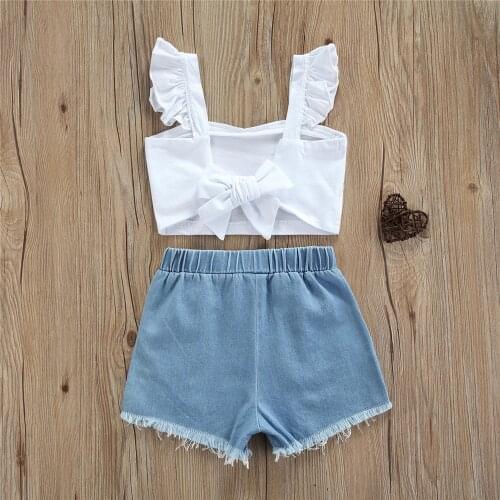 3 Color Baby Girl Summer Casual Childrens Sets Kids Ruffle Sleeveless Bow-Knot Tank Top + Elastic Waist Denim Shorts