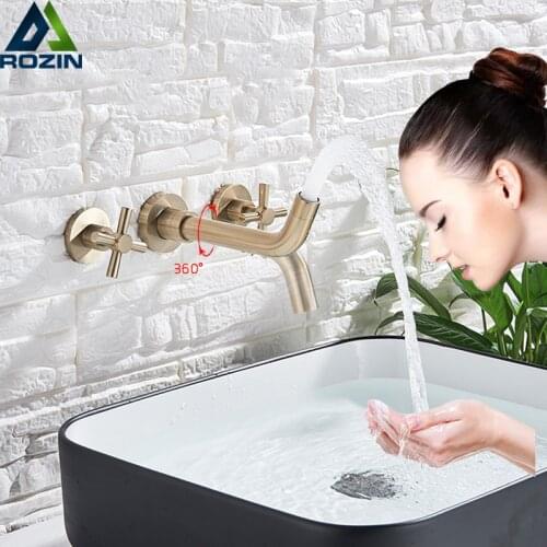 Brushed Golden Wall Mounted Basin Faucet Dual Handle Rotate Spout Bathroom Vessel Sink Mixers Hot Cold Water Tap