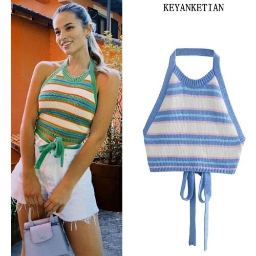 KEYANKETIAN Womens 2021 Fashion Striped Short Knit Vest Retro Halter Lace-up Womens Top Street Wear